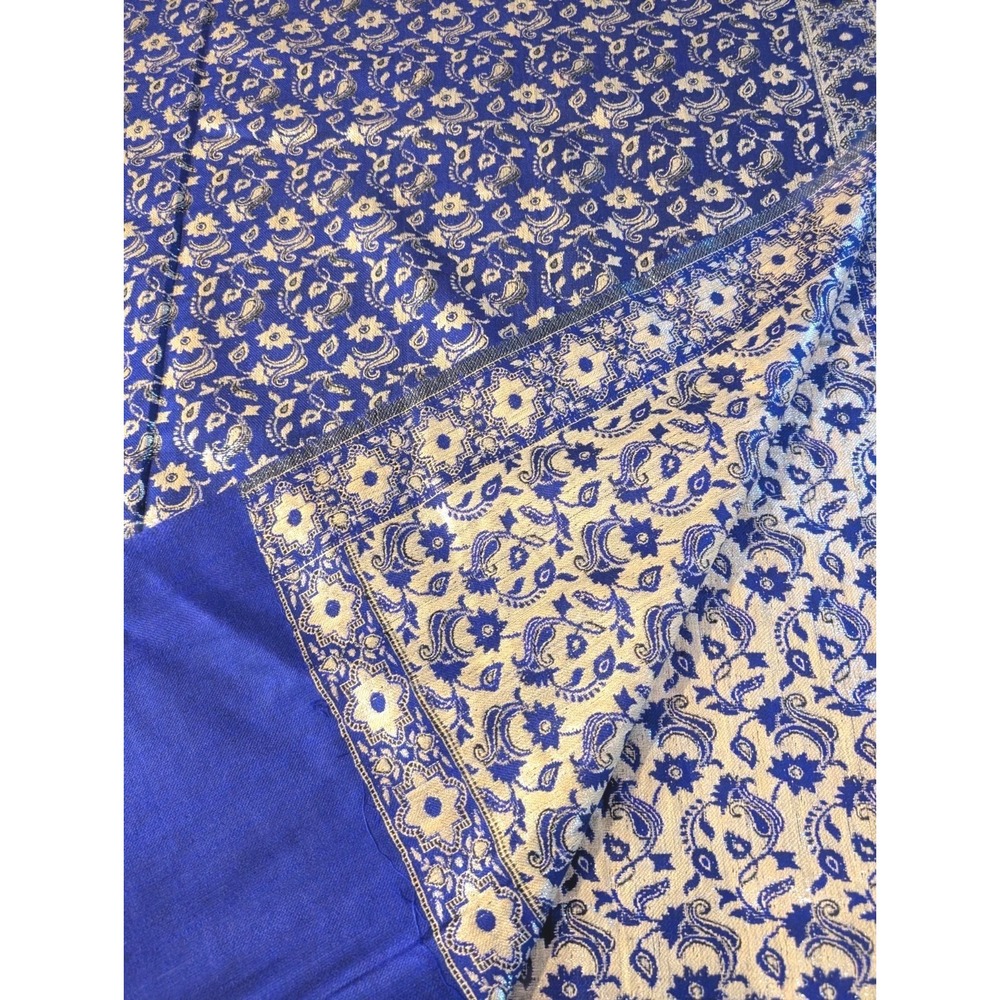Vintage Kashmiri Jamavar Shawl Blue‎ Gold Paisley Jacquard Woven Made India NOS